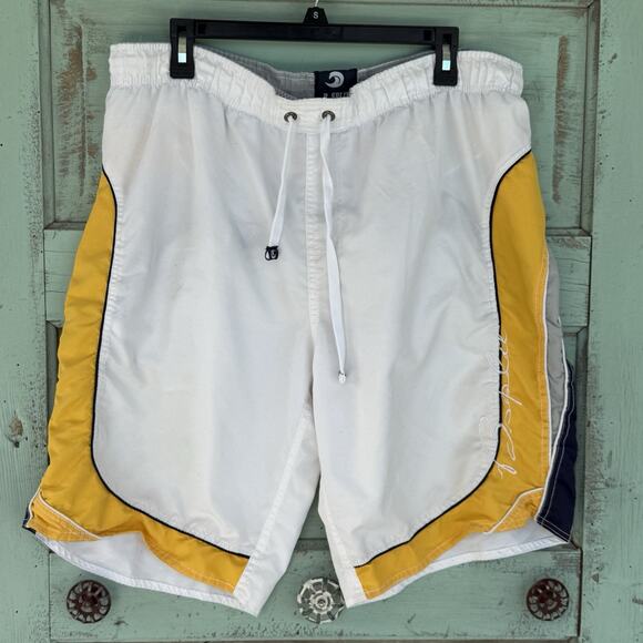 B Split Men’s Swim Trunk‎ Size L White Yellow Stripe Summer 38” Waist 11” Inseam - Picture 1 of 6